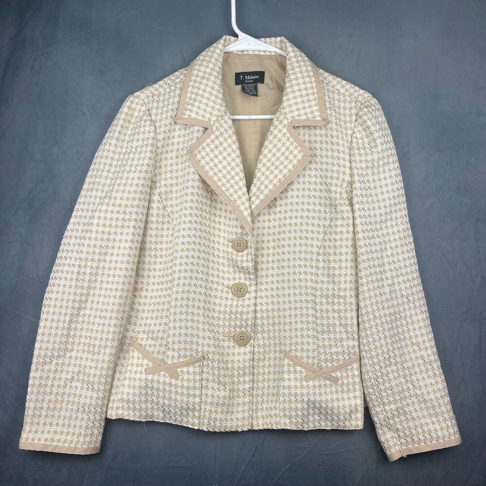 T. Milano Petite Size 10 Knitted Geometric Tweed Plaid 3 Button Blazer DD-10